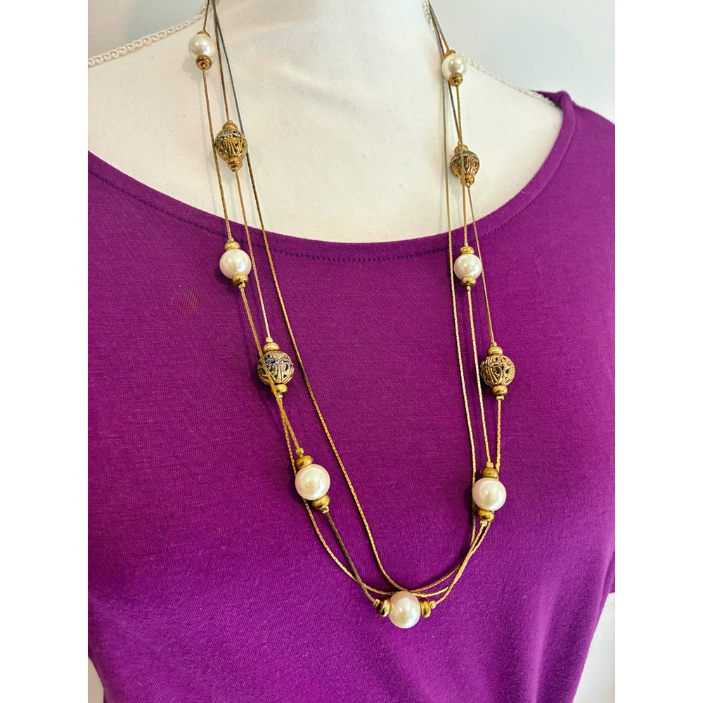 Gold Tone Multi Strand Faux Pearl Filigree Bead Long Necklace Boho Costume